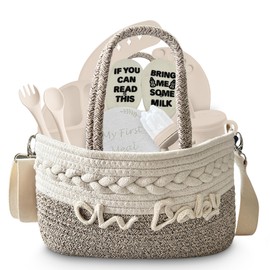 Kiddibodi® Baby Shower Gifts - Newborn Essentials - Rope Bag - Silicone Baby Feeding Set with Suction Plate, Bib, Fork, Spoon, Sippy Cup, Baby Fruit Pacifier Feeder - Gender Neutral Baby Gifts