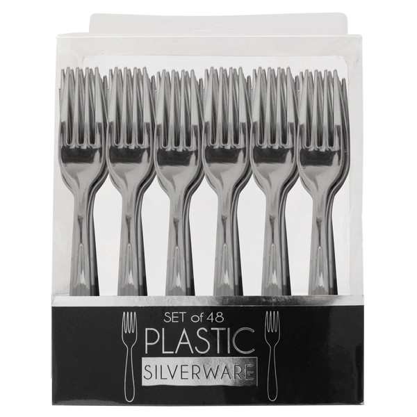 Premium Reusable Heavyweight Plastic Metallic Fork Set, 48Count, Silver