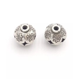 13mm Round Hill Tribe Silver Chapped Stamped Flower Beads- Jewelry Supplies