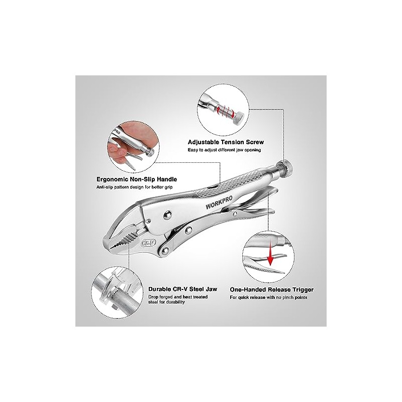 WORKPRO 10-inch Curved Jaw Locking Pliers, Chromium-Vanadium Steel Vice Grips