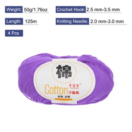 Rebower Cotton Yarn,100% Cotton Soft Knitting Yarn [for Hand DIY Bag Cushion Crocheting Knitting Project Home Decor] -4 Packages of 200g/7.05oz(Per Skein 50g/137yards)/Purple