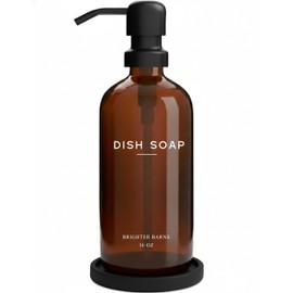 Amber Glass Dish Soap Dispenser for Kitchen Sink by Brighter Barns - Kitchen Soap Dispenser Set with Pump & Tray - Refillable Glass Bottle for Liquid - Modern Home Decor for Airbnb, Restaurant (Amber)