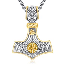 DRINSPER Viking Mjolnir Thors Hammer Necklace Norse Thor Talisman Amulet Pendant 925 Sterling Silver 18k Gold Plated Viking Jewelry Gifts for Men Women, Sterling Silver, No Gemstone