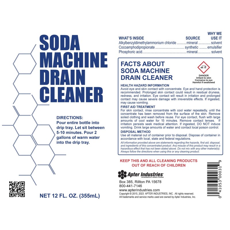 Apter Industries Soda Machine Drain Cleaner - Safe & Non-Corrosive