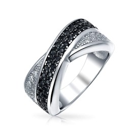 Bling Jewelry Crossover Criss-Cross Band Ring For Women Two Tone Black and White Pave Cubic Zirconia CZ 925 Silver