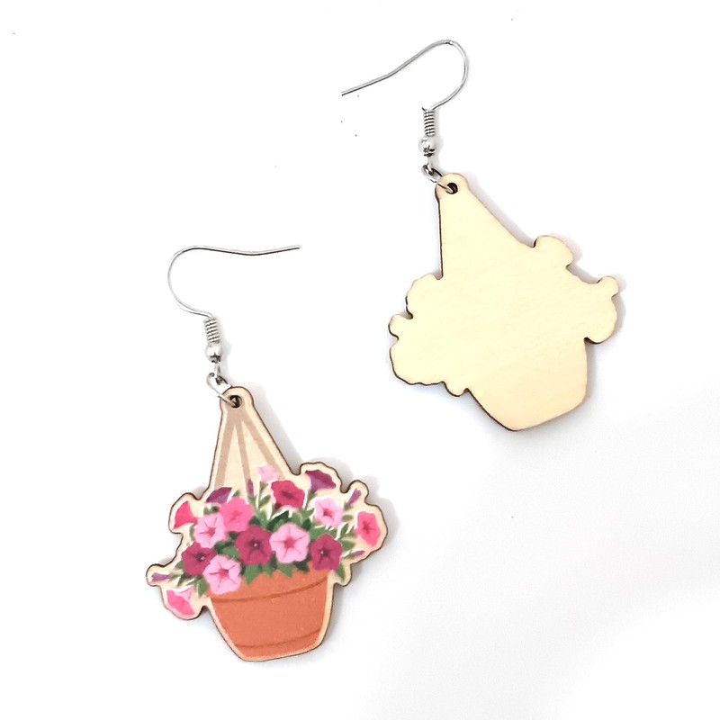 Hanging Plants Flower Petunia Wood Cut Cute Fun Drop Earrings