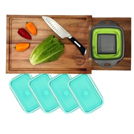 Acacia Wood Cutting Board with 4 Collapsible Containers and a Strainer - All-in-One Over the Sink or Counter w/Optional Slide-out Kitchen Must Have