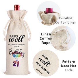 21st Birthday Wine Bag, 21st Birthday Gifts, 21 Years Old Gift Idea Wine Bag for Her Girl Friend, Sister, Birthday Party Supplies Decorations, Reusable Linen Drawstring Wine Bags (21 Birthday)