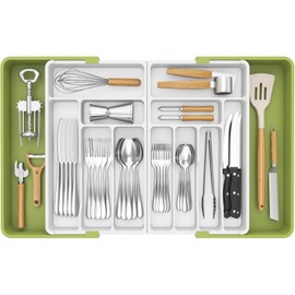 Lifewit Large Silverware Drawer Organizer, Expandable to 36 Inches Wide, BPA Free Plastic Utensil Tray for Kitchen, Adjustable Flatware and Cutlery Holder for Spoons Forks Knives, Green&White