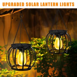 2 Pack Solar Hanging Lanterns Outdoor, Metal Solar Hanging Lights with Hook, Garden Lanterns for Outside, Classic Outdoor Deceorative Lights for Yard Garden Patio Porch Decor (Metal Black 2Pack)