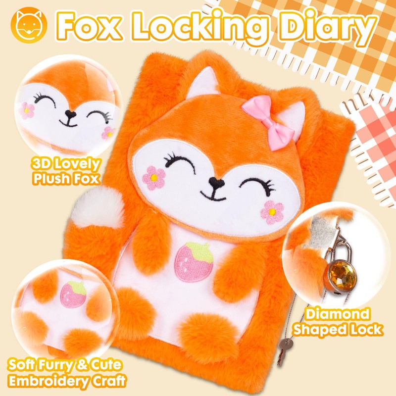 Fox Diary for Girls with Lock, Plush Fox Toys Gift