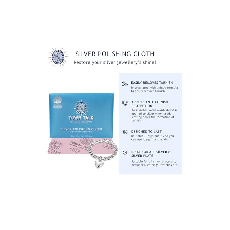 Town Talk Anti-Tarnish Silver Polishing Cloth for Silver Jewellery 12x17cm
