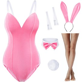 Women Velvet Bunny Costume Bunny Girl Suit Costume Senpai Cosplay One Piece Bodysuit Stockings Set(Pink M)