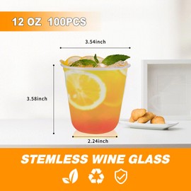 BUWUSMU 100 Pcs Disposable Stemless Glasses Plastic Cups Disposable Cold Party Drinking Cups Wine Glasses for Meeting Weddings Birthdays Cocktail Christmas Party Supplies (Clear,12 oz)