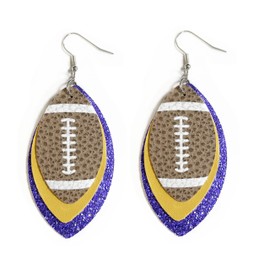 Glitter Faux Leather Football Drop Dangle Earrings for Women Gift Accessories Football Jewelry for Moms-3 layers Blue&Yellow