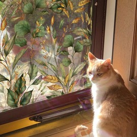 ChicSkin Watercolor Rainbow Window Film Privacy, Double-Sided Decorative Suncatcher Film for Glass Camper Window, Laser Golden Green Leaves Window Clings 16.92"X39.37"