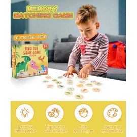 Protado Wooden Match Memory Game for Kids, 24Pc Memory Matching Cards, Educational Memory Matching Game for Pre-Kindergarten Early Learning Development Kids-Dinosaur