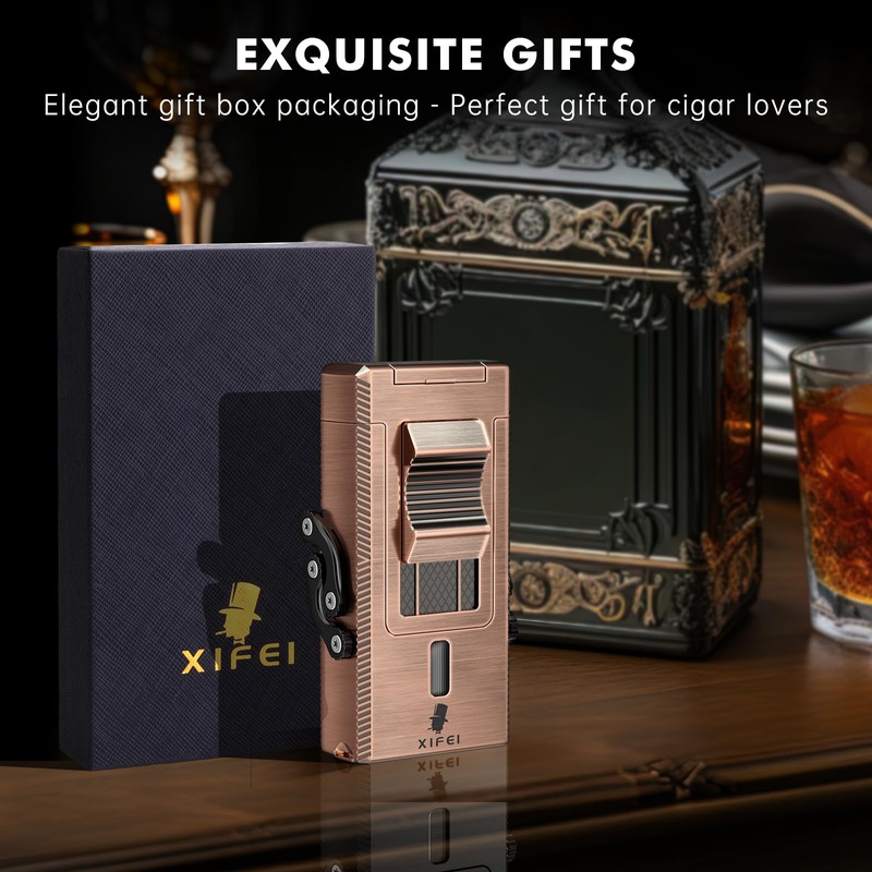 XIFEI 5-in-1 Cigar Lighter with Triple Jet Flame, Refillable Butane