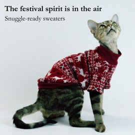 Cat Festive Sweater Pullover, Classic Soft Warm Christmas Clothes for Hairless Sphynx, Devon & All Indoor Kittens (Red,M)