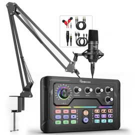 Podcast Equipment Bundle, Audio Interface with DJ Mixer and Condenser Microphone for PC/Laptop/Phone, Streaming/Recording/Podcasting (P900)
