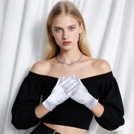 GHGMAO Women Short Satin Opera Gloves Formal Wedding Bridal Gloves Tea Party Banquet Costume 1920s Flapper Accessories (White)