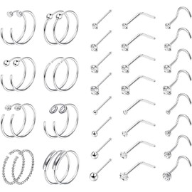 Dochais 36-44 Pieces Nose Studs L Shape, Nose Stud Stainless Steel, Nose Ring Silver Gold, Nose Piercing Plug, Small, Nose Ring Piercing Set, Nose Rings Hoop Septum Rings for Women Men 20G, Stainless