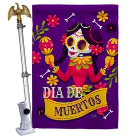 Lady Dia De Muertos House Flag Eagle Set Falltime Day of Dead Los Fiesta Mexican Party Autumntime Small Decorative Gift Yard Banner Made In USA 28 X 40