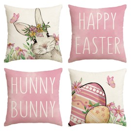 AVOIN colorlife Happy Easter Hunny Bunny Pink Throw Pillow Covers, 18 x 18 Inch Easter Eggs Bunny Spring Cushion Case for Sofa Couch Set of 4