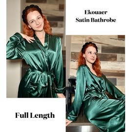 Ekouaer Silk Robes for Women Long Sleeve Satin Bathrobe Soft Lightweight Full Length Sleepwear with Pockets Bridesmaid Wedding Party Robes, Green XXL
