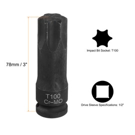 HARFINGTON T100 Torx Bit Socket 1/2" Drive 6 Point Torx Star Screwdriver Socket Adapter CR-MO Steel Lengthen Impact Bit Sockets for Electric Ratchet Wrenches Fastening Screws