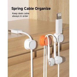 9 Pack Cord Organizer, Spring Cable Management, Adhesive Cute Cable Holder Clips, Phone Charger Wire Keeper for Desk Nightstand Car Office (9-Pack White_Orange)