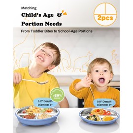 Bakpoco Stainless Steel Toddler Suction Plate with Lid, Deeper 9" Divided Plates with Removable Silicone Sleeves for Kids, Non Toxic & BPA Free | Unbreakable Baby Snack Dishes Set of 2, Blue & Sage