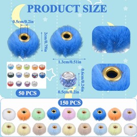 HACRAHO Plush Ball Beads, 150 Pieces Mixed Color Fluffy Faux Fur Pompoms Beads with 50 Rhinestone Beads for DIY Bracelets, Keychains, Pens Accessories
