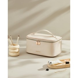 Prite Makeup Bag Portable Cosmetic Organizer with Brush Holder Waterproof Travel Toiletry Bag for Women with Handle and Divider (Beige)