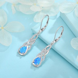 FJ Blue Opal Dangle Drop Earrings for Women 925 Sterling Silver Infinity Leverback Teardrop Earrings with Cubic Zirconia Jewellery Gifts for Women Girls