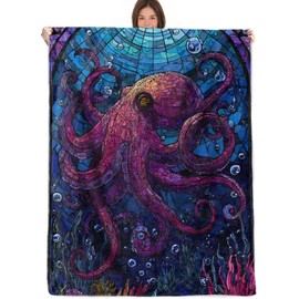 RQTWC Octopus Throw Blanket Gifts for Boys Girls Kids Adults, Stained Glass Deep Sea Octopus Theme Flannel Blankets for Travel Sofa Living Room Decor 50"X60"