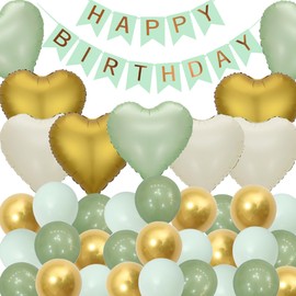42 Pieces Sage Green Birthday Party Decorations Happy Birthday Banner Gold Heart Balloons Latex Balloons Garland Arch Kit for Women 30th 40th 50th 60th Birthday Party Decorations Supplies (Green)