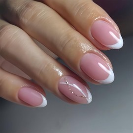 French Tip False Nails - 24Pcs Short Almond Press on Nails - Full Cover Pink Nails French Tip with Design - Soft Gel Cute nails, Reusable Acrylic Press on nails