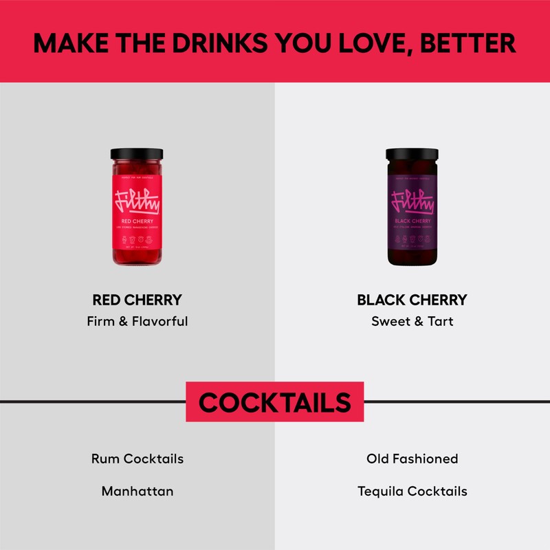 Filthy Red Maraschino Cocktail Cherries, Premium Cocktail Garnish, Long Stemmed