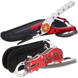 Contyu Fishing Set | Fishing Pliers (Aluminum Needle Removal Line Cutter Long Nose Rust Resistant) & Stainless Steel Fish Grip | Safety Rope Holder (Red/Red, 19.8)
