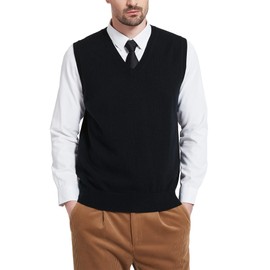 Kallspin Mens Wool Blend V Neck Sleeveless Sweater Vest, black