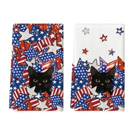 Artoid Mode American Flag Stars Black Cats Patriotic 4th of July Kitchen Towels Dish Towels, 18x26 Inch Memorial Day Decoration Hand Towels Set of 2