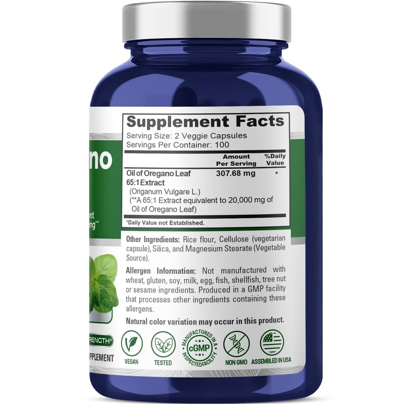 NusaPure Oregano Oil Extract 20000mg | 200 Veggie Powder Capsules