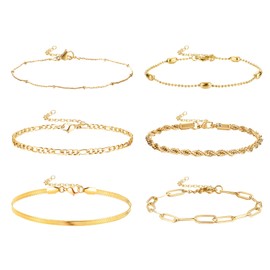 Dochais Women's Gold Bracelets, 14 Carat Gold-Plated Bracelet, Girls' Twist Figaro Chains, Bracelet Set, Adjustable Fashion Jewellery for Women and Girls, Pack of 6, Stainless Steel