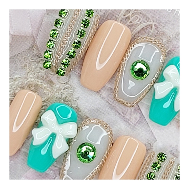 Beige chain handmade nail tip - Stiletto L / 베이지
