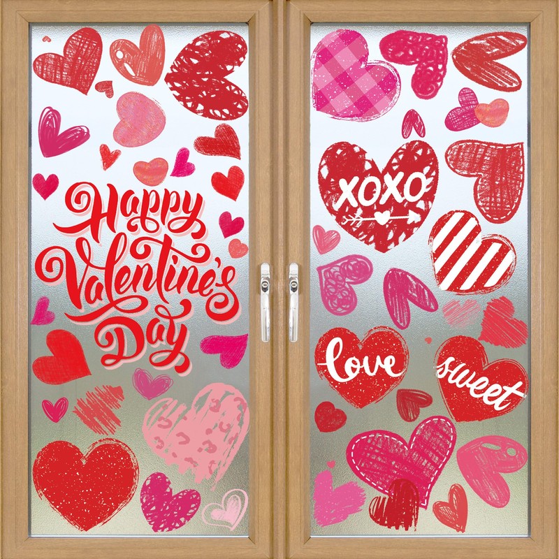CUUSNNY Valentines Window Clings,Double-Sided Red Pink Hearts Happy Valentine's Day