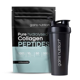 GN Hydrolysed Bovine Collagen Peptides Powder, Unflavoured, Type I and III, 10g per Serving, 50 Servings, 500g, with 600ml Shaker