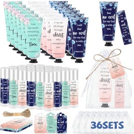 144 piezas, 36 juegos de crema de manos cristiana y bálsamo labial, set de regalo hidratante con bolsa de organza, regalos cristianos VBS, versículos 