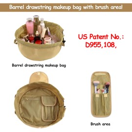 Drawstring Cosmetic Bag for Women – Barrel Drawstring Toiletry Cinch Makeup Bag for Travel with Brush Area (Khaki)