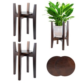 2 Packs Adjustable Plant Stand with Tray,Indoor Wood Plant Stand Fit 8'' to 12'' Planter,Mid Century Modern Flower Pot Holder Rack(Plant and Pot Not Included) Walnut